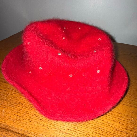 Vintage 90’s Y2K Cappelli Red‎ Angora Wool Felt Bucket Hat w/ Rhinestone Studs main image 10